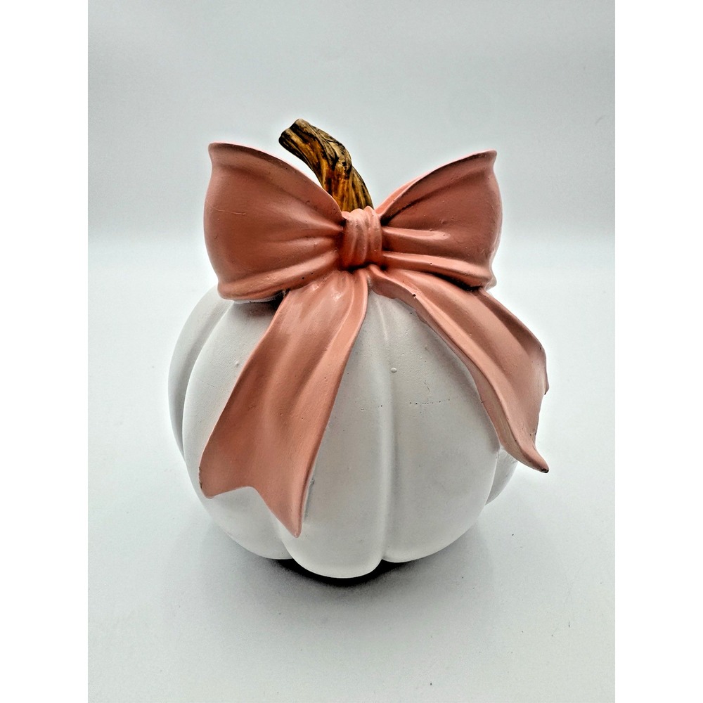 Hobby Lobby Chic Mini White Pumpkin Pink Bow 6.25" Fall Harvest Decor NEW